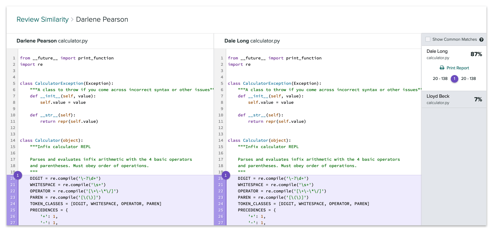 Comparison view of two files showing the similar blocks of code