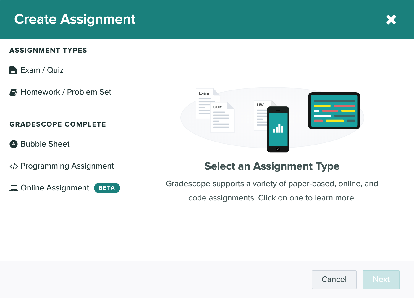 The create assignment modal with the various assignment types