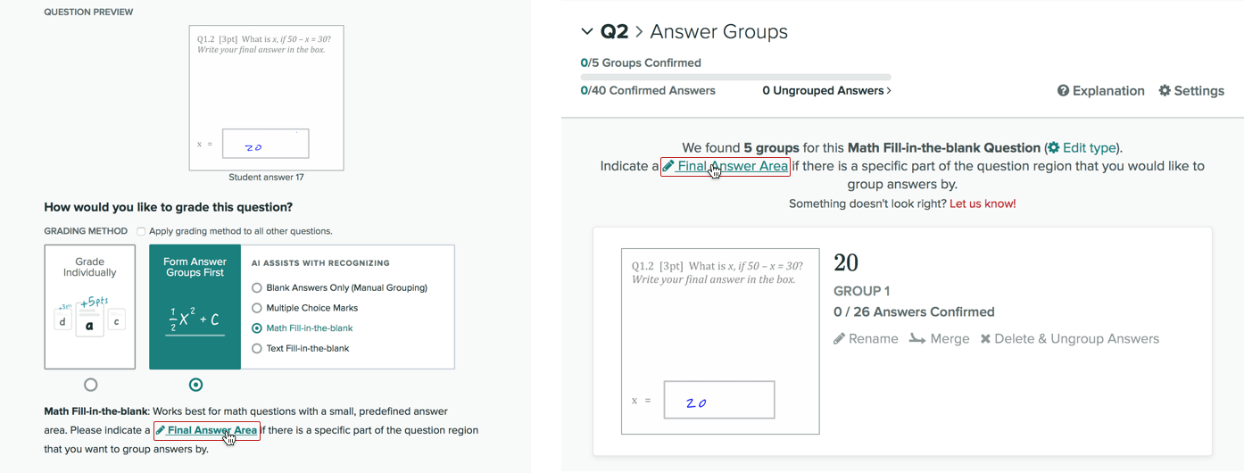 How to edit the final answer region when setting up answer groups, or after answer groups have been found