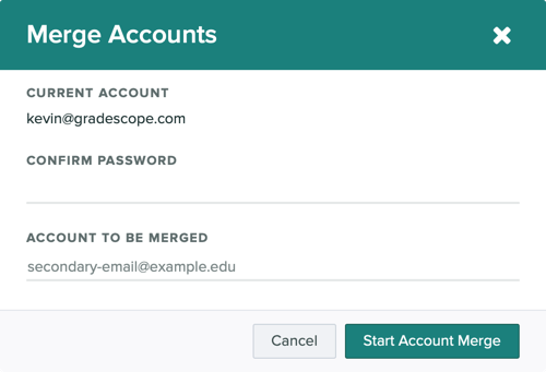 The merge accounts modal showing that you need a password and the email address of the account you want to merge with.