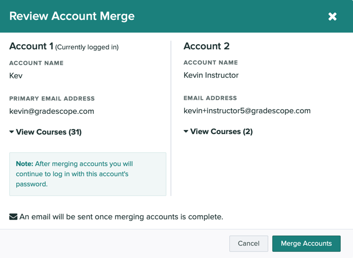 A modal showing information for each account that are about to be merged together.